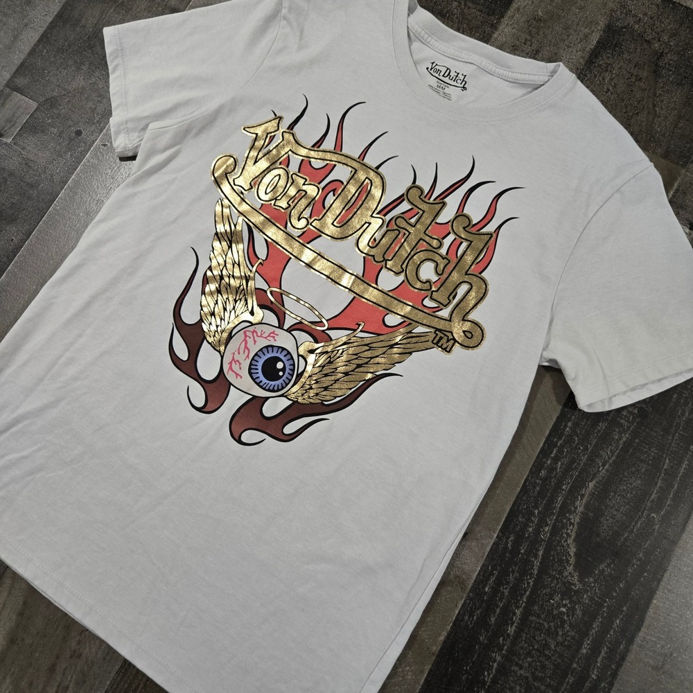 Von Dutch White Flying Eyeball Graphic T-Shirt Gold Foil Logo Mens Medium
